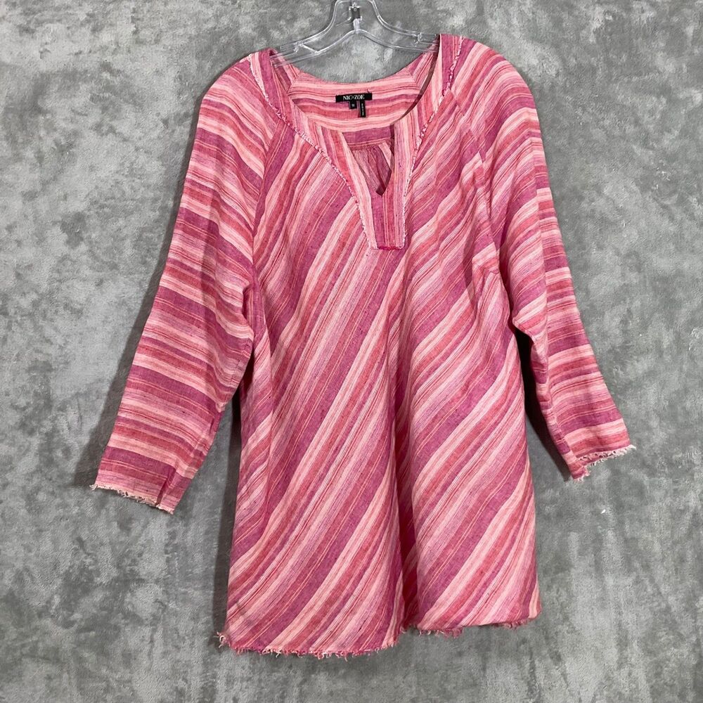NIC+ZOE Womens Fringed Linen Blend 3/4 Sleeve Tunic Top 1X diagonal stripes